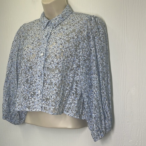 Zara - Blue And White Floral Mesh Button Down Crop Long Sleeve Blouse Size XS - Picture 4 of 8